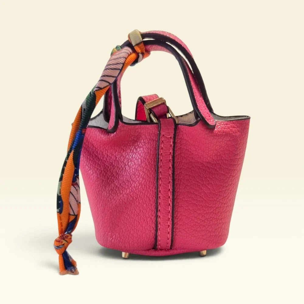 Pink Vegan Leather Mini Bucket Bag Charm With Lock And Scarf Detail
